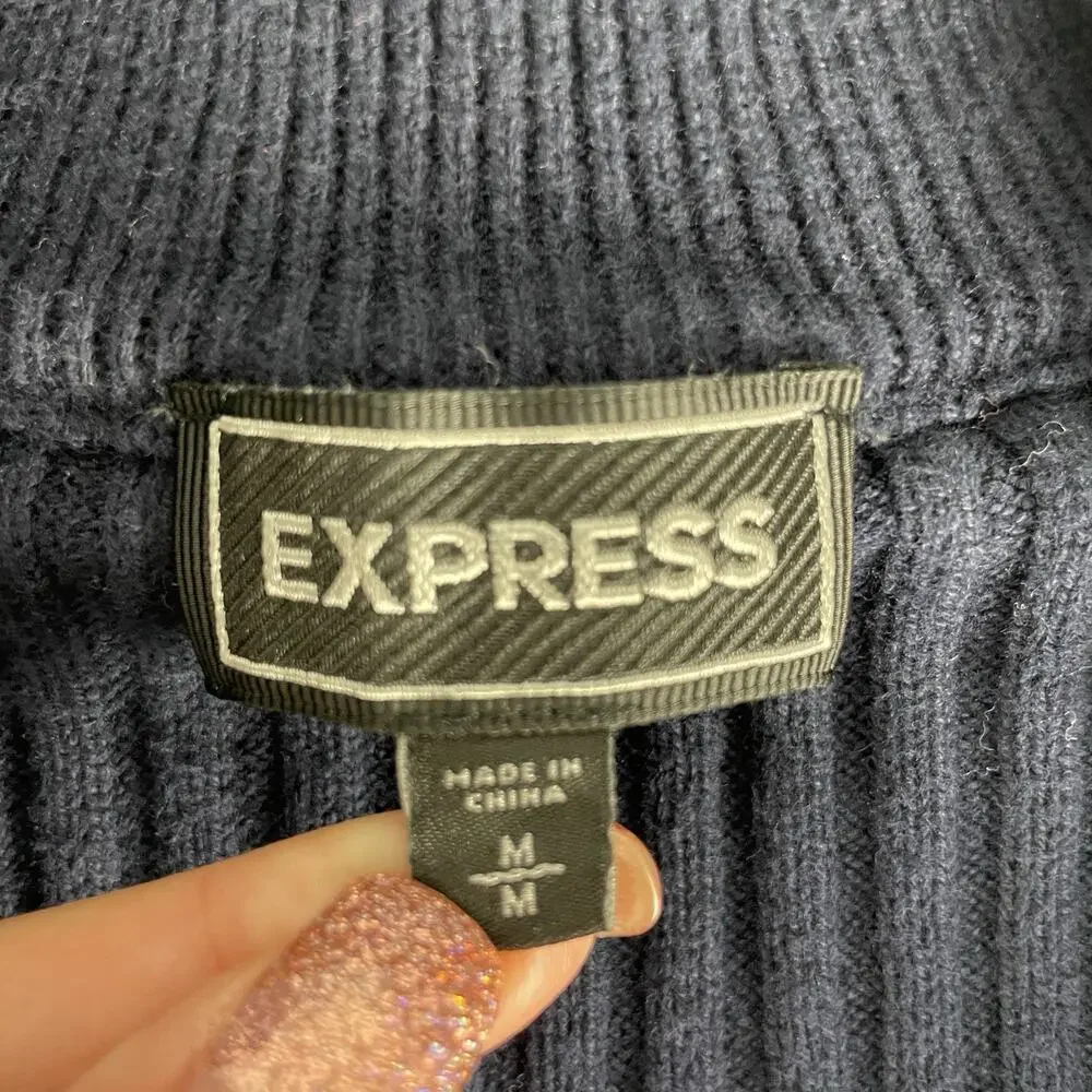 Express Men's Size Medium Navy Quarter Zip Ribbed Knit Pullover Sweater